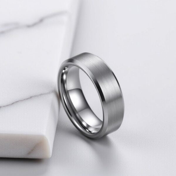 Brushed silver tungsten men’s ring, matte wedding band or eternity promise ring for gents with engraving option.