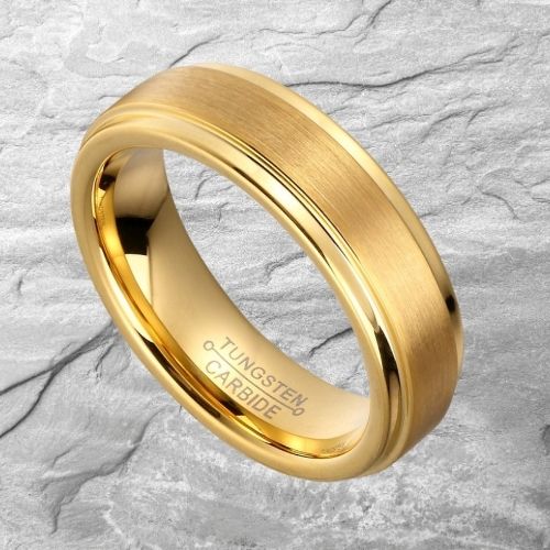 Brushed Gold and Polished Gold Ring for Men - Tungsten Carbide comfort fit