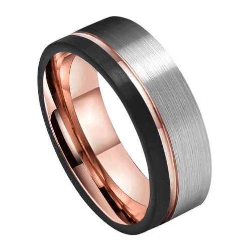 Mens Tungsten Ring with Brushed Silver, Polished Rose Gold and Matte Black for wedding anniversary or engagement