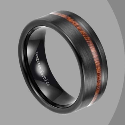 Brushed Black Mens Ring with wood band groove 8mm tungsten