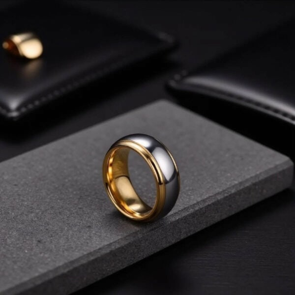 Mens tungsten wedding band - a silver and gold ring for him perfectly suited as an engagement ring for him, or as mans fashion statement ring