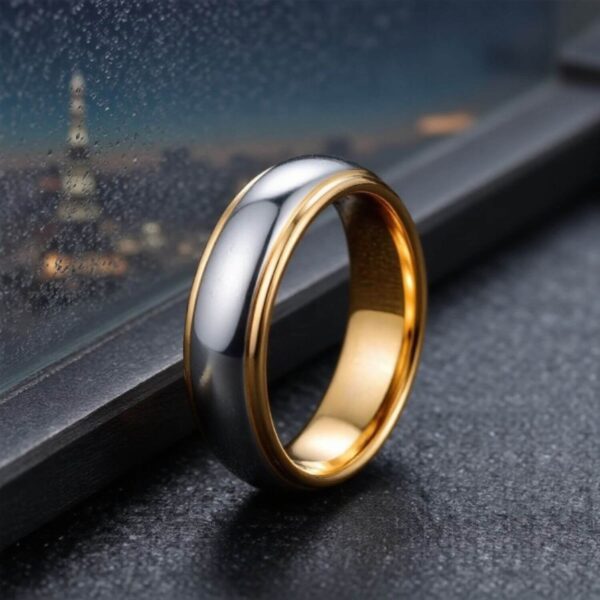 Eternity ring for him or mans promise ring. A silver tungsten ring featuring gold rims and a gold interior. An elegant and unique mens ring.