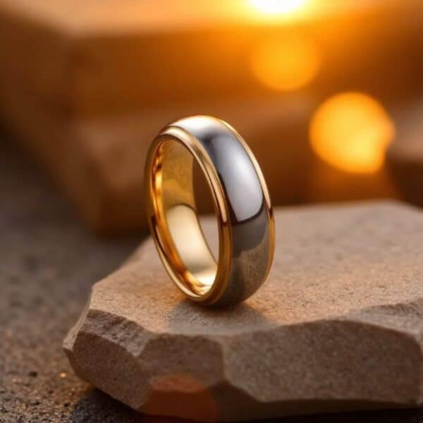 Elegant and stunning mens ring. Made with tungsten, this gold and silver ring is the perfect choice for your mans wedding band or male engagement ring.