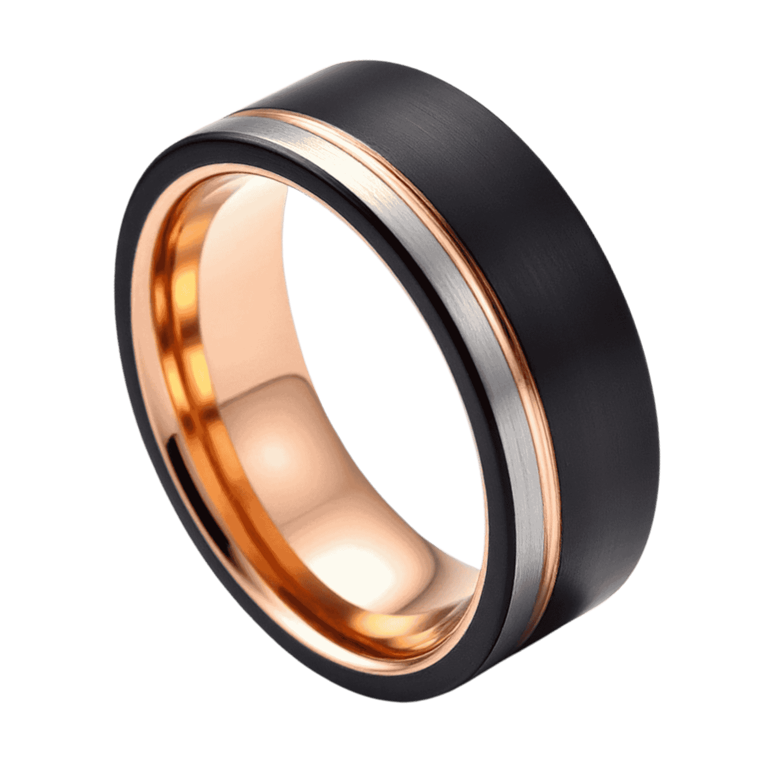A three tone tungsten ring in close up. The main section of the ring is brushed black. It features a thin groove of rose gold and a section of brushed silver. An innovative wedding ring for men.
