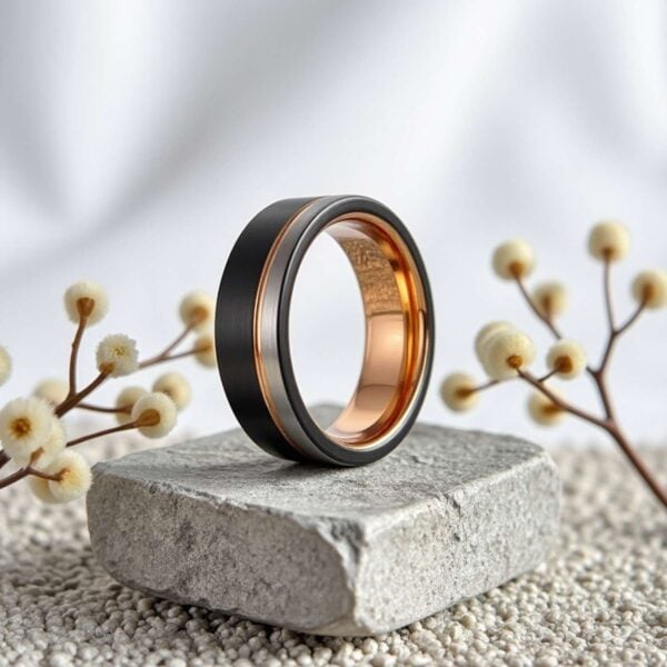 A ring stands upright on a stone base. With white delicate flowers in the background, the ring is at the heart and centre of the image. The ring is a tungsten ring featuring three different colours - brushed black, silver, and polished rose gold.