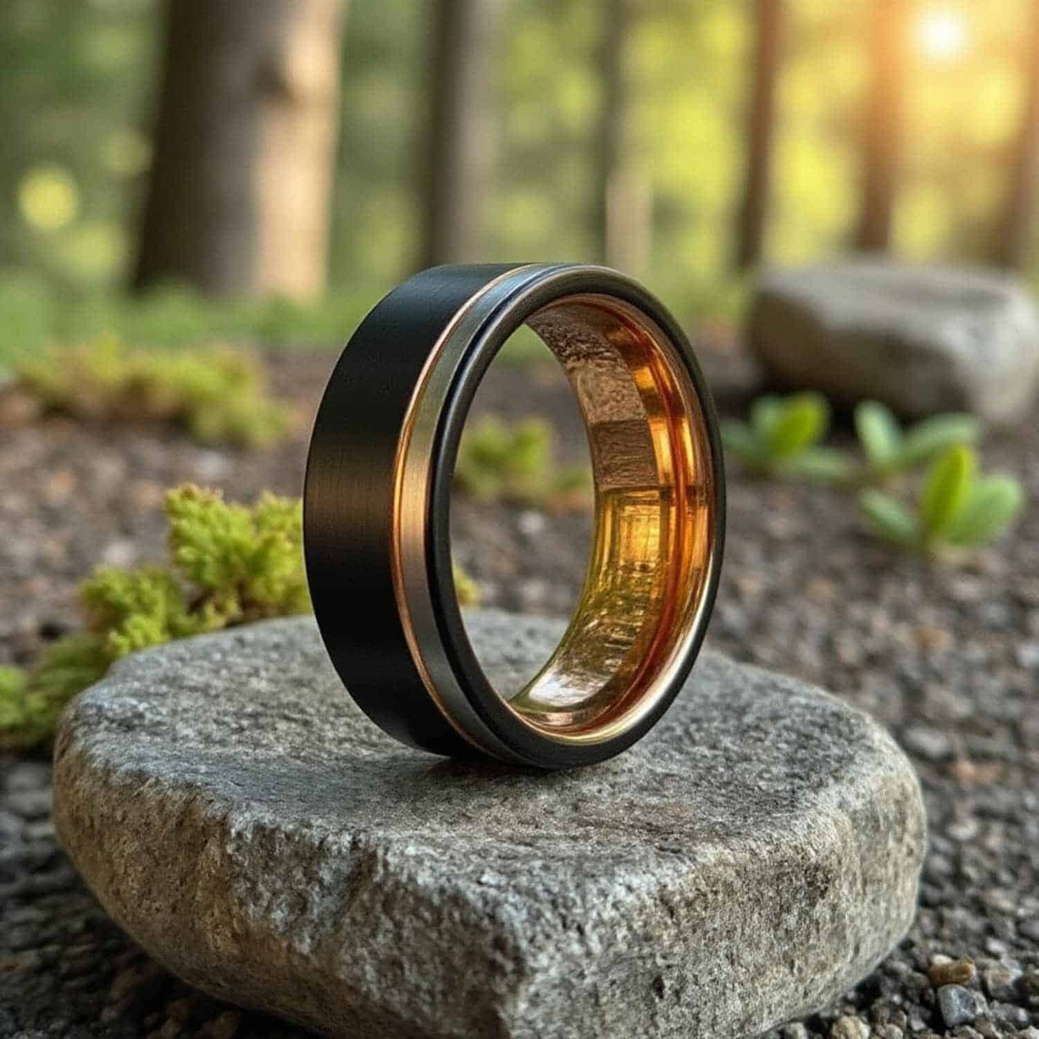 In a woodland setting, with the sun shining through the trees, the ring stands upright on a flat rock. It is a black, silver and rose gold mens ring made with tungsten.