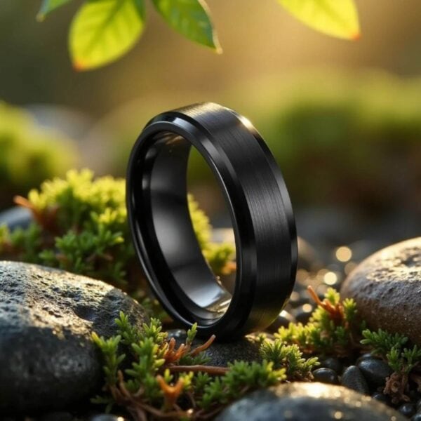 A stunning gents eternity ring or promise band - or well suited as a wedding ring for him. A black tungsten ring with bevelled edges.