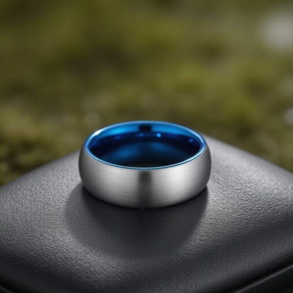 Resting on a leather box, the image focuses on a lightly brushed silver tungsten ring that has a polished blue inside. There is greenery in the background.