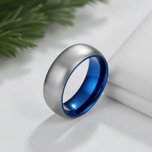 On a white background and with green leaves in the background, a silver tungsten ring stands upright. The ring has a brushed finish and has a polished silver inside.