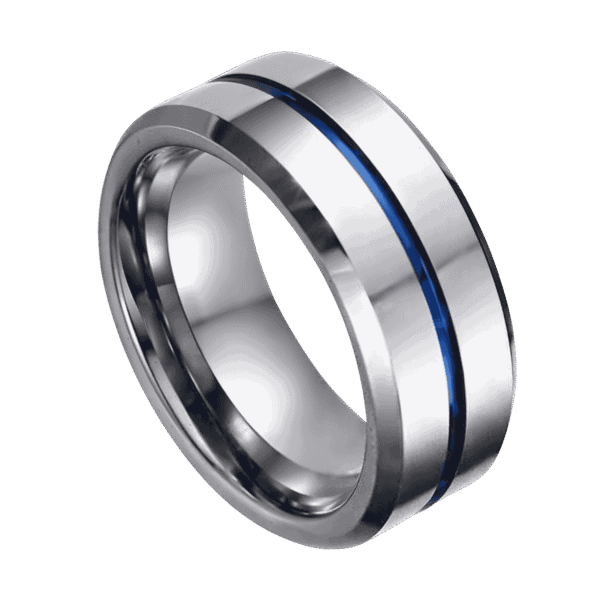 An elegant tungsten ring in silver featuring a thin blue groove that runs through the centre of the ring.