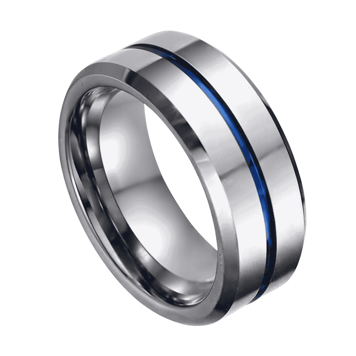 An elegant tungsten ring in silver featuring a thin blue groove that runs through the centre of the ring.