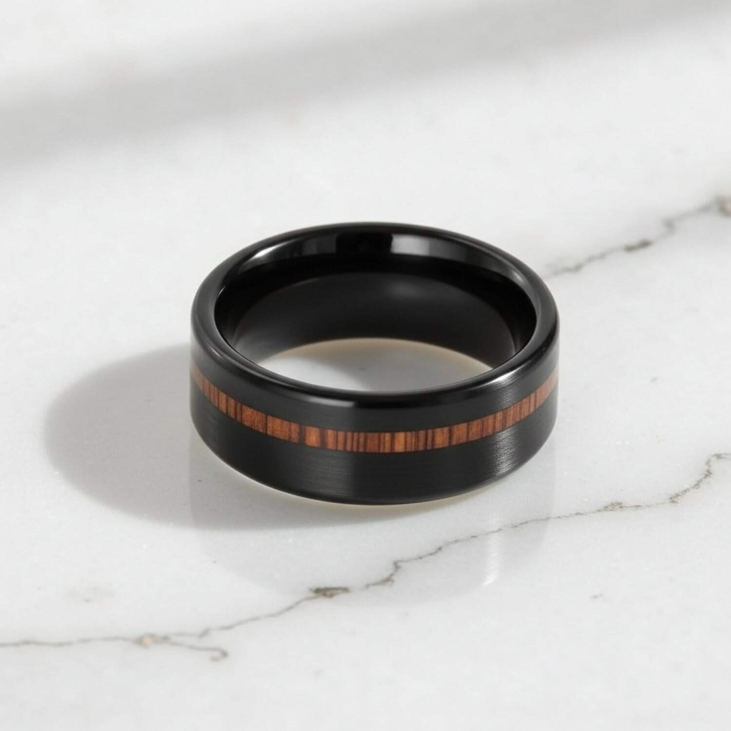 Black and wood tungsten men’s ring, modern wedding band or fashion eternity ring for him.