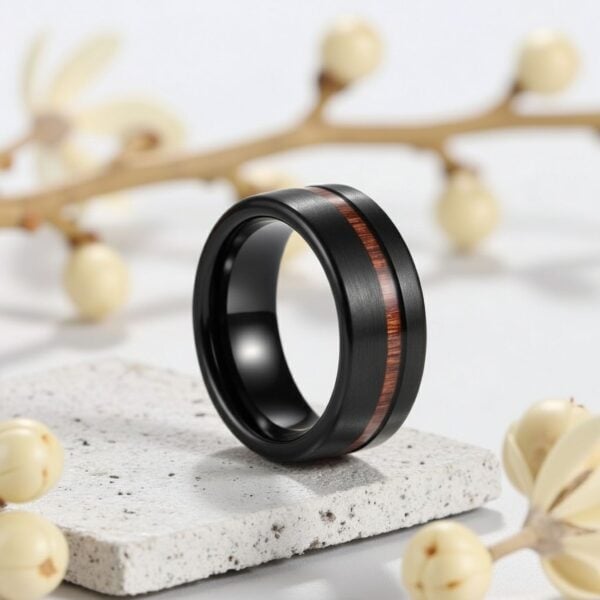 Striker black tungsten and wood ring for men, bold 8mm wedding band or eternity engagement ring for him with custom engraving.
