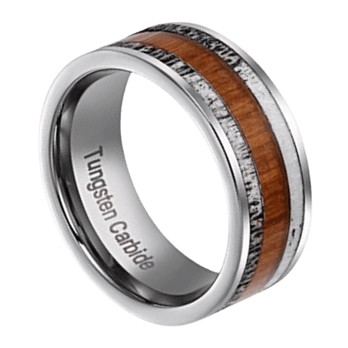 Mens Silver Tungsten Carbide Ring with Natural Wood and Antler Bone