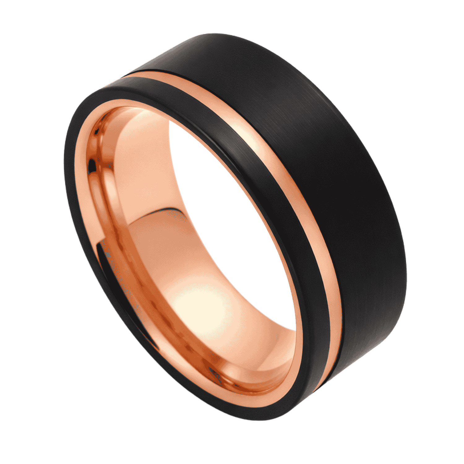 A close up image of a mens ring on a transparent background. The ring is a brushed black flat ring. It has a distinctive stripe of polished rose gold and rose gold inside. Made with tungsten.