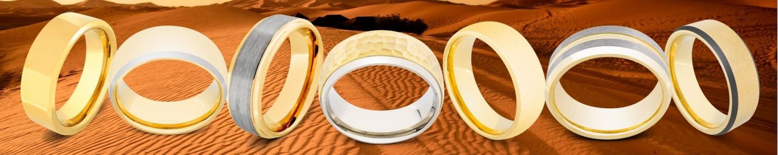 Selection of gold rings for men made with tungsten or titanium