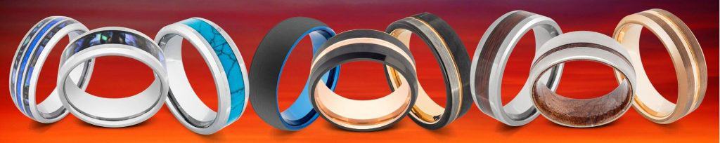 9 Rings on display in front of red background