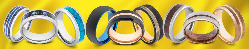 9 rings on display against yellow background