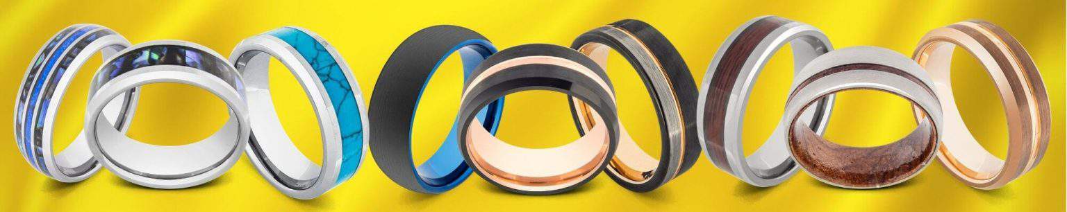 9 rings on display against yellow background