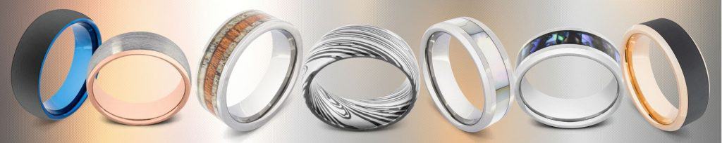 Display of 7 tungsten carbide rings for men