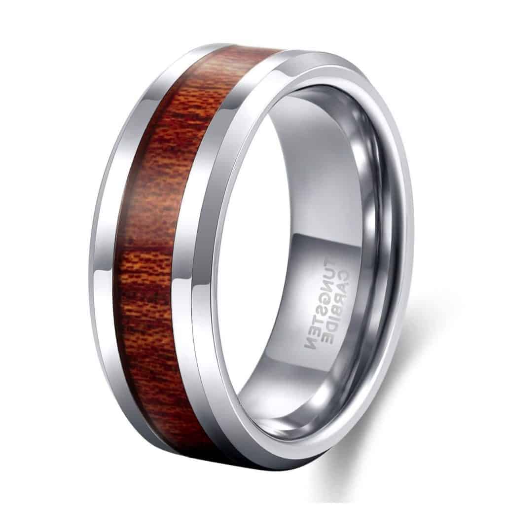 Silver Tungsten Ring with Inlay of Natural Wood