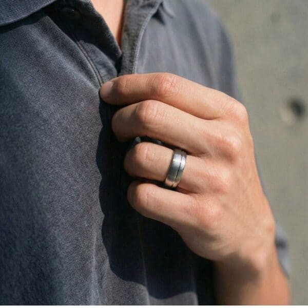 Tungsten ring for men in silver – mens wedding and eternity band with personalised engraving.