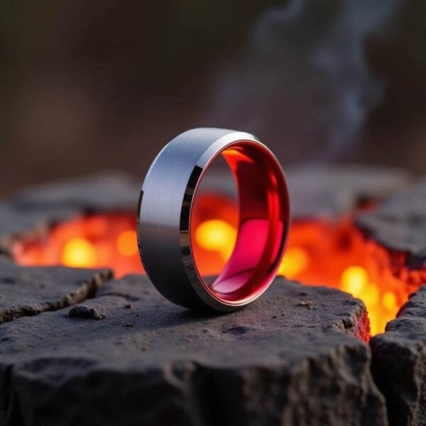 Mens Silver and Polished Red Wedding Band or Engagement Ring