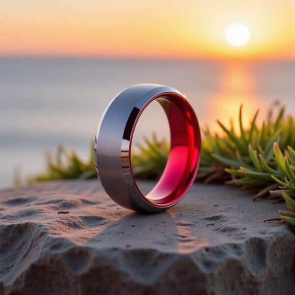 Tungsten Ring for Men - Silver and Red modern style design comfort fit
