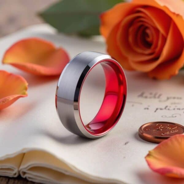 Brushed Silver Tungsten Ring for Men with Red Interior
