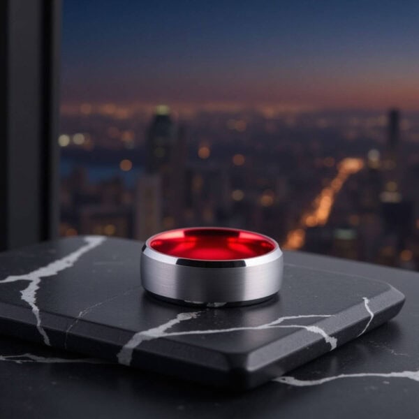 silver red mens ring Flame