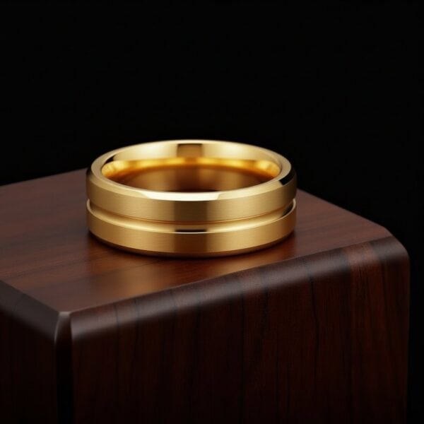 Gold titanium ring for men, polished and brushed finish, modern gents wedding or fashion ring.