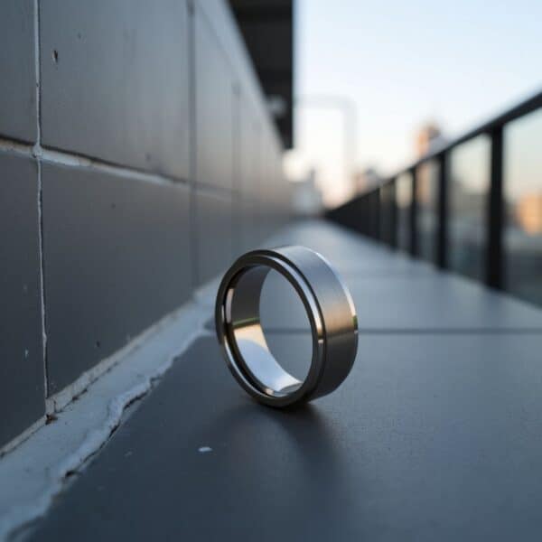 Silver Titanium Ring for Him - With a Raised Brushed Silver Centre Section and Stepped Edges - Mans Statement Ring