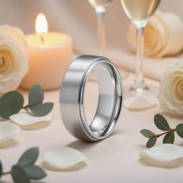 An elegant mans fashion statement ring, perfect to mark a wedding, engagement, or anniversary. This mens ring is made with titanium so is super strong yet very lightweight.