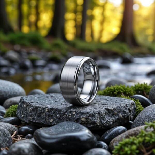 Elegant mens tungsten ring in brushed silver