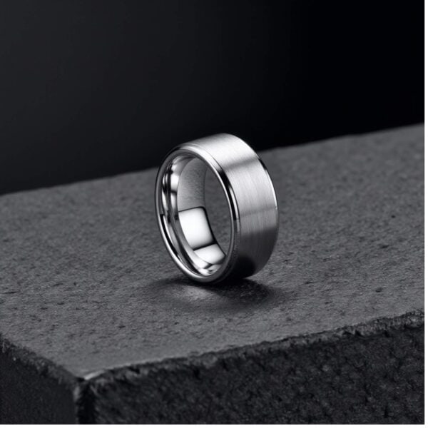 A sleek mans tungsten ring in silver. Add a personalised engraving to this male ring.