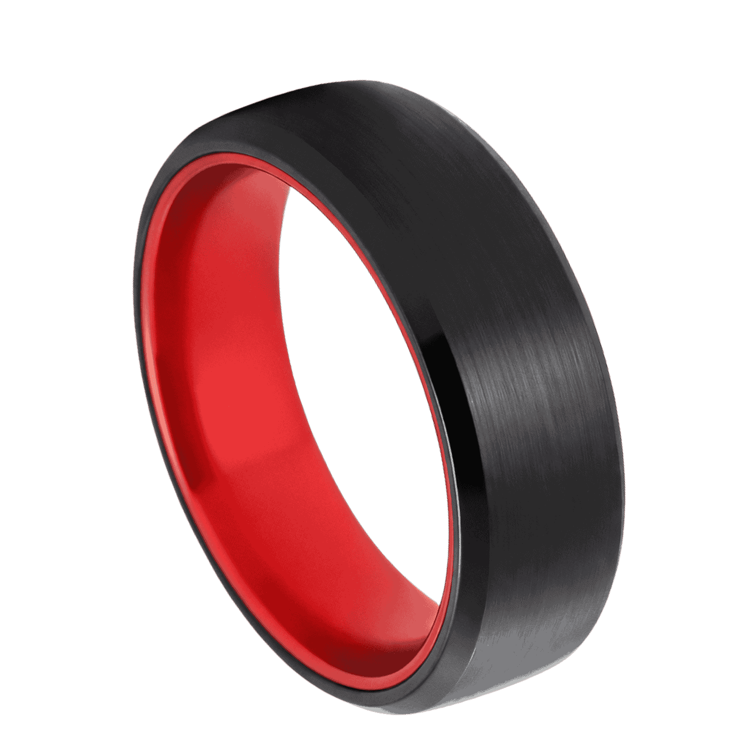 A black and red mens tungsten wedding band or engagement ring. Add a custom ring engraving.