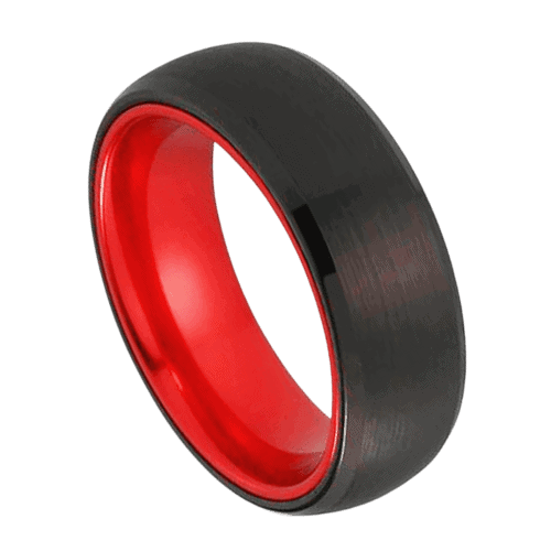 black ring for men for wedding engagement or anniversary band. red interior 8mm tungsten in all sizes