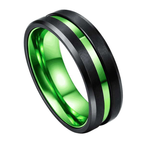 A black tungsten ring with a centre groove of vivid green and a green interior.