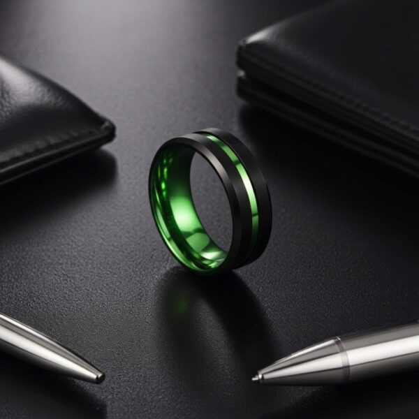 Ready for a business meeting, on the desk are two pens, two leather bound notebooks, and a black and green ring. The ring is made with tungsten and features a black ring with a green centre groove.