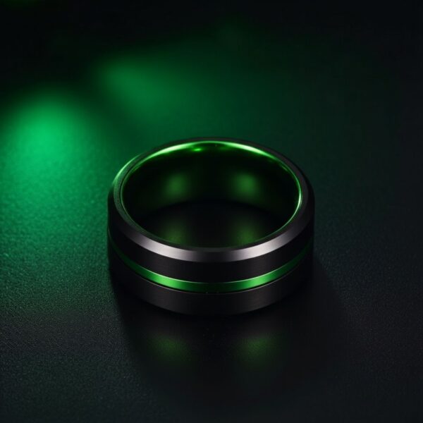 With a green background, a light shines down on a black and green ring. Made with tungsten, the ring is black with a centre section of green, as well as a green inside.
