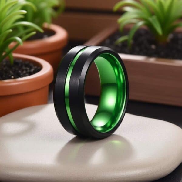 Among the house plants, a ring sits upright balanced on a pebble. It is a black tungsten ring that features green in its centre groove, and its interior.