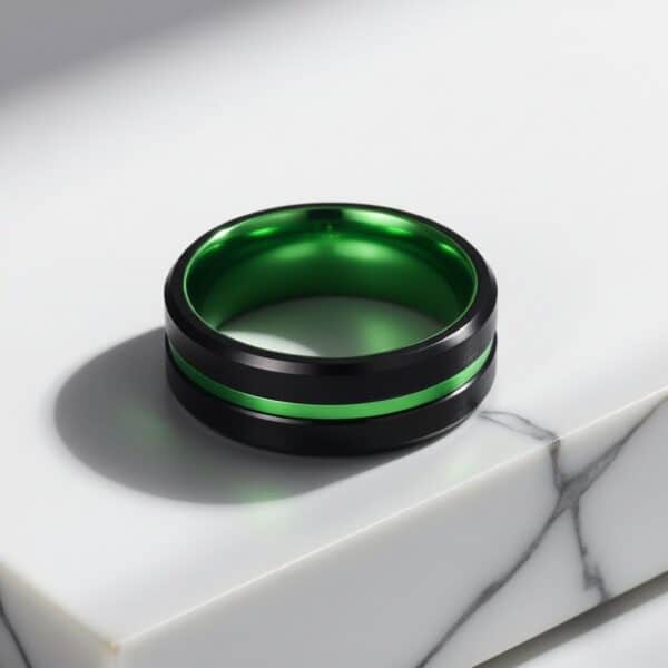 There is a black and green ring sitting on a white marble slab. The ring is made with tungsten and features a striking groove of green and a green inside.