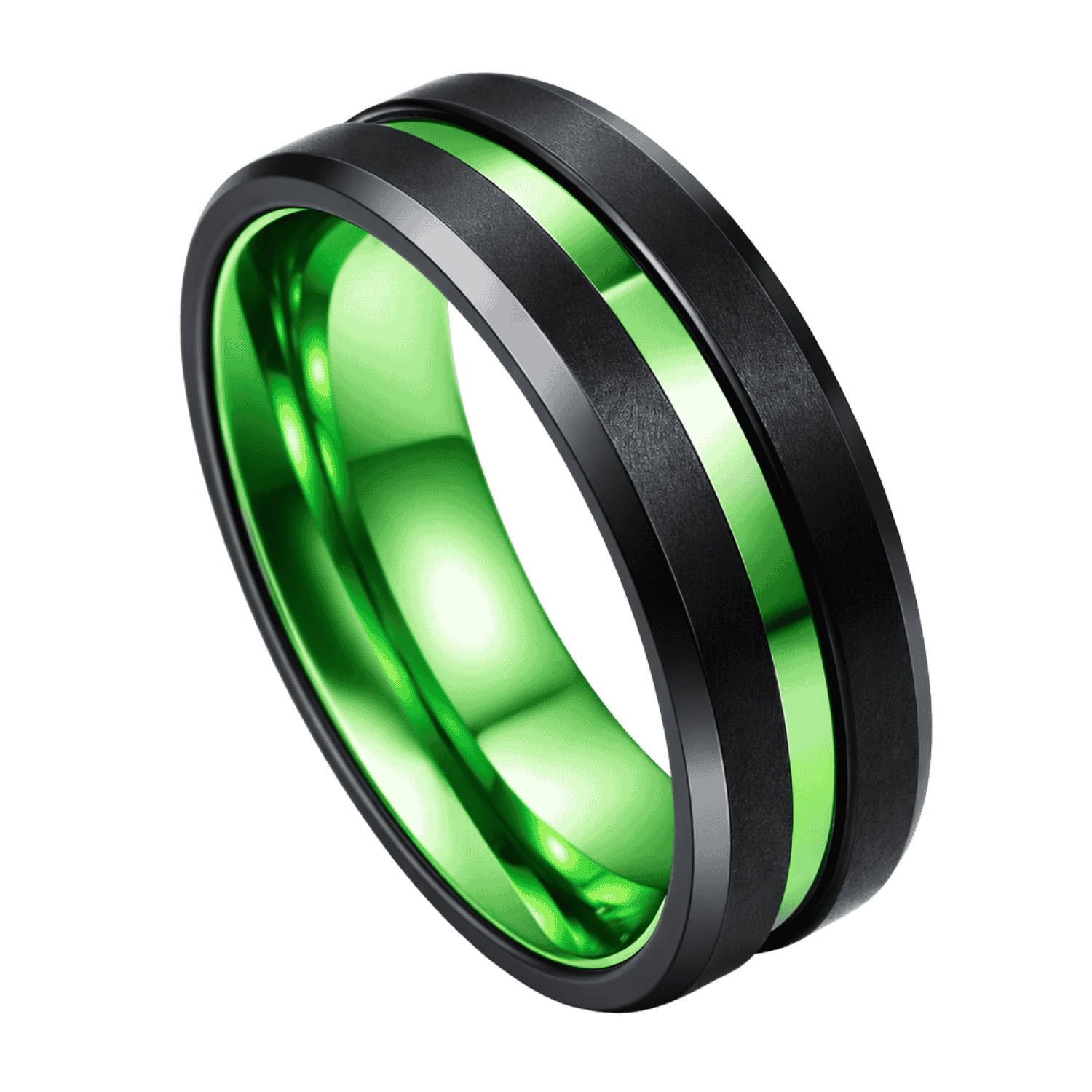 A black tungsten ring with a centre groove of vivid green and a green interior.