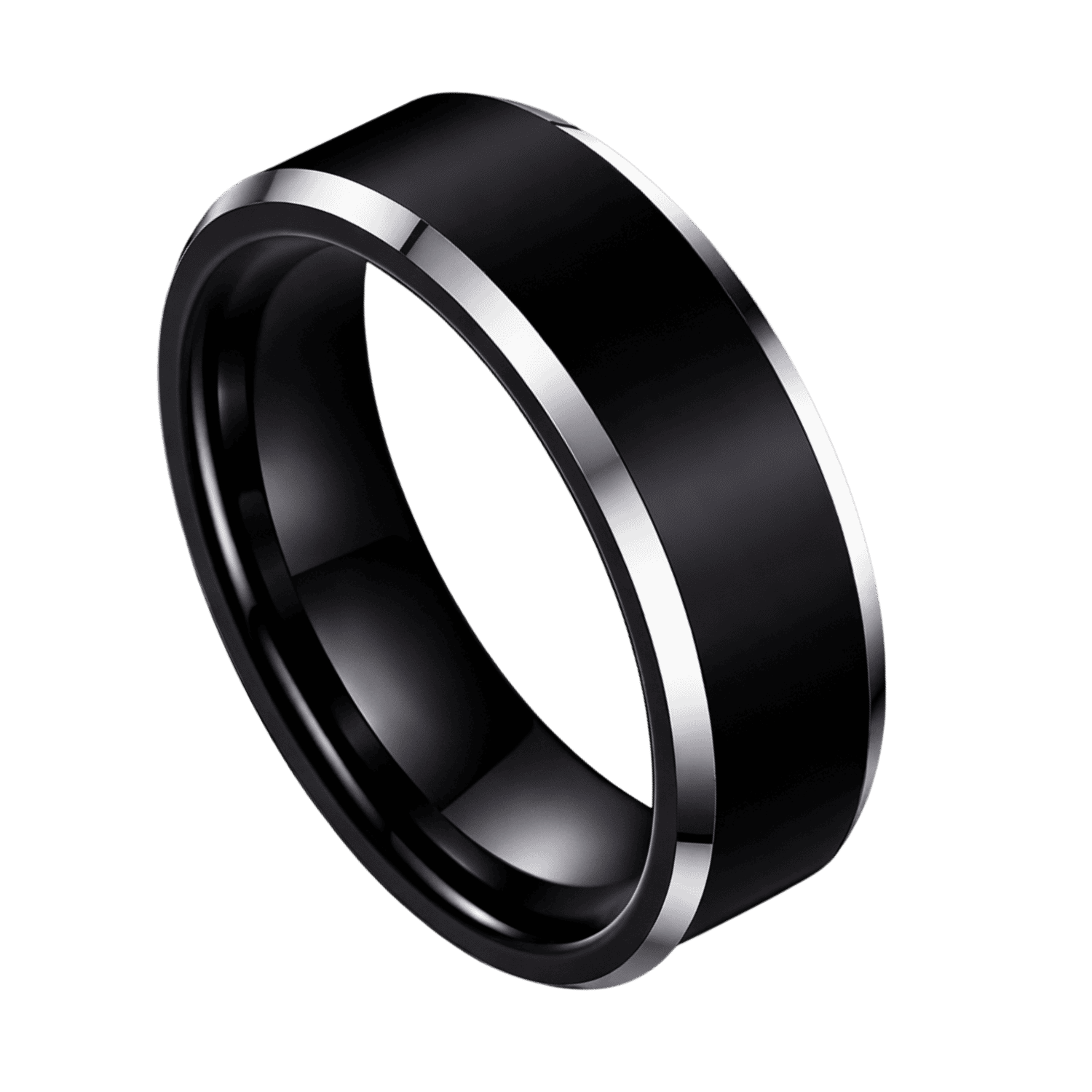 A close up image of a black titanium ring that has polished silver bevelled edges. The finish of the ring is smooth matte black.