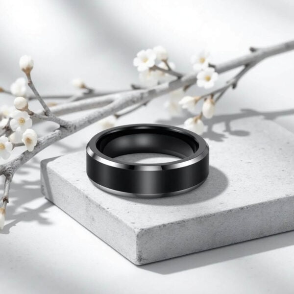 A stunning ring for men. Made with titanium this mens ring is well suited as both a male wedding ring, engagement ring, or as a fashion statement ring for him