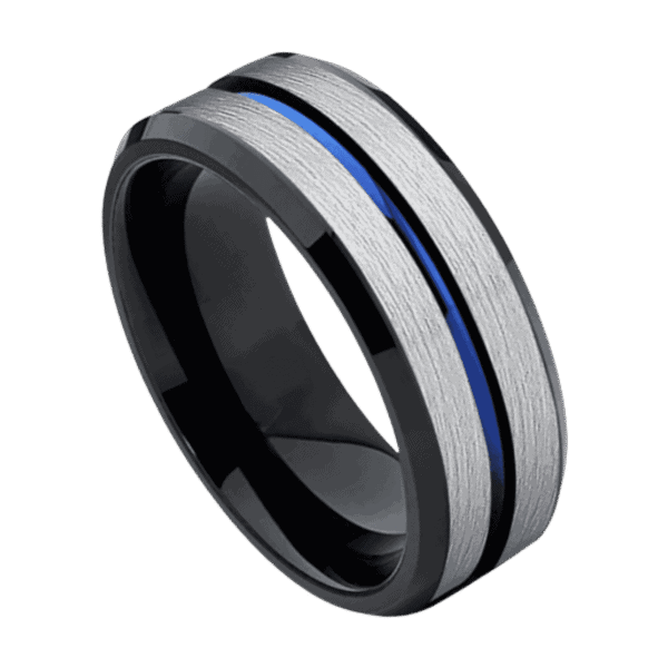 A detailed close up image of a tungsten ring. A brushed silver ring with a centre groove of blue and polished black edges.