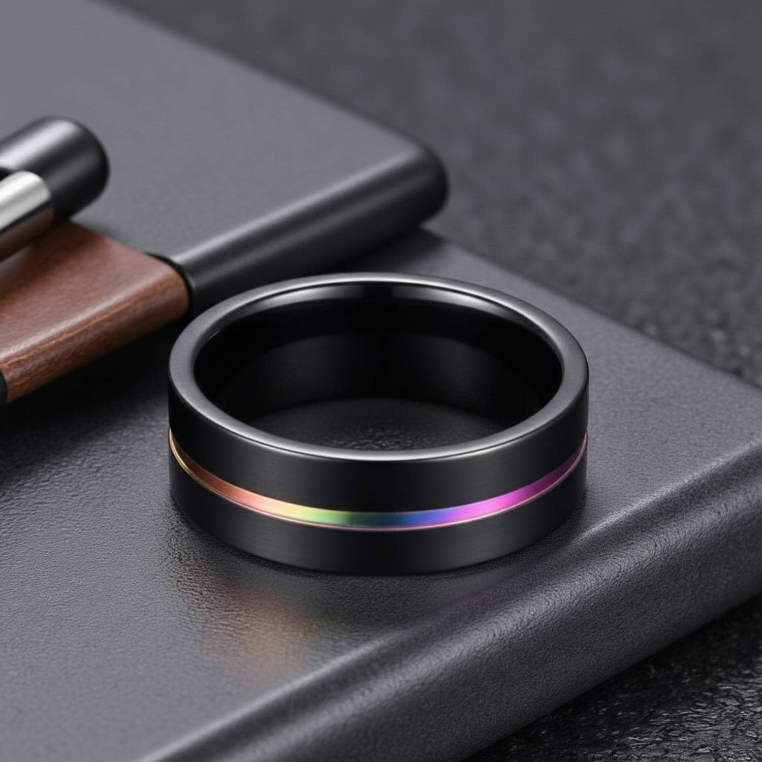 Black and rainbow gents titanium ring – male wedding and engagement band with custom engraving.