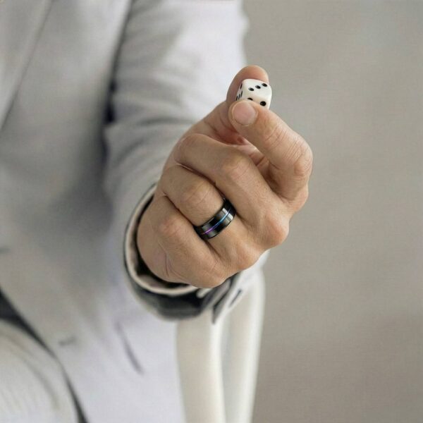 Black and rainbow mens titanium ring – wedding band, engagement or promise ring for him with personalised engraving.