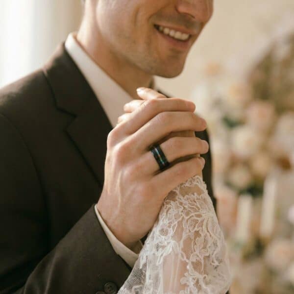 Mens black titanium ring with iridescent detail – gents engagement and eternity band for him.