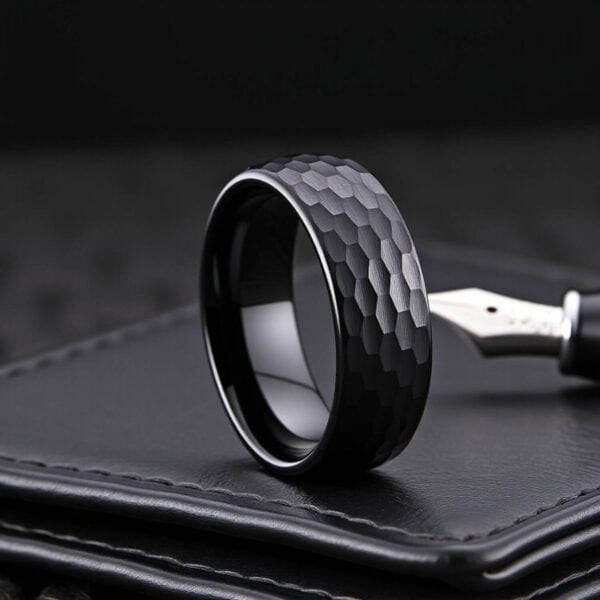 Hammered Black Mens Ring - Tungsten 8mm modern style design